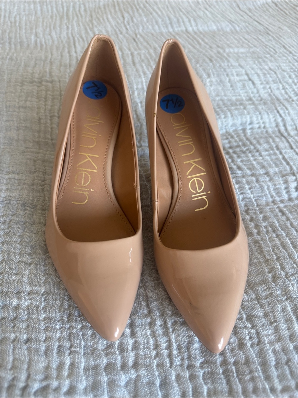Calvin Klein Tan Patent Pointed-Toe Pumps